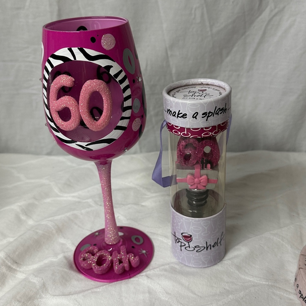 Top Shelf Pink 60th Birthday Wine Glass and Wine Stopper Set